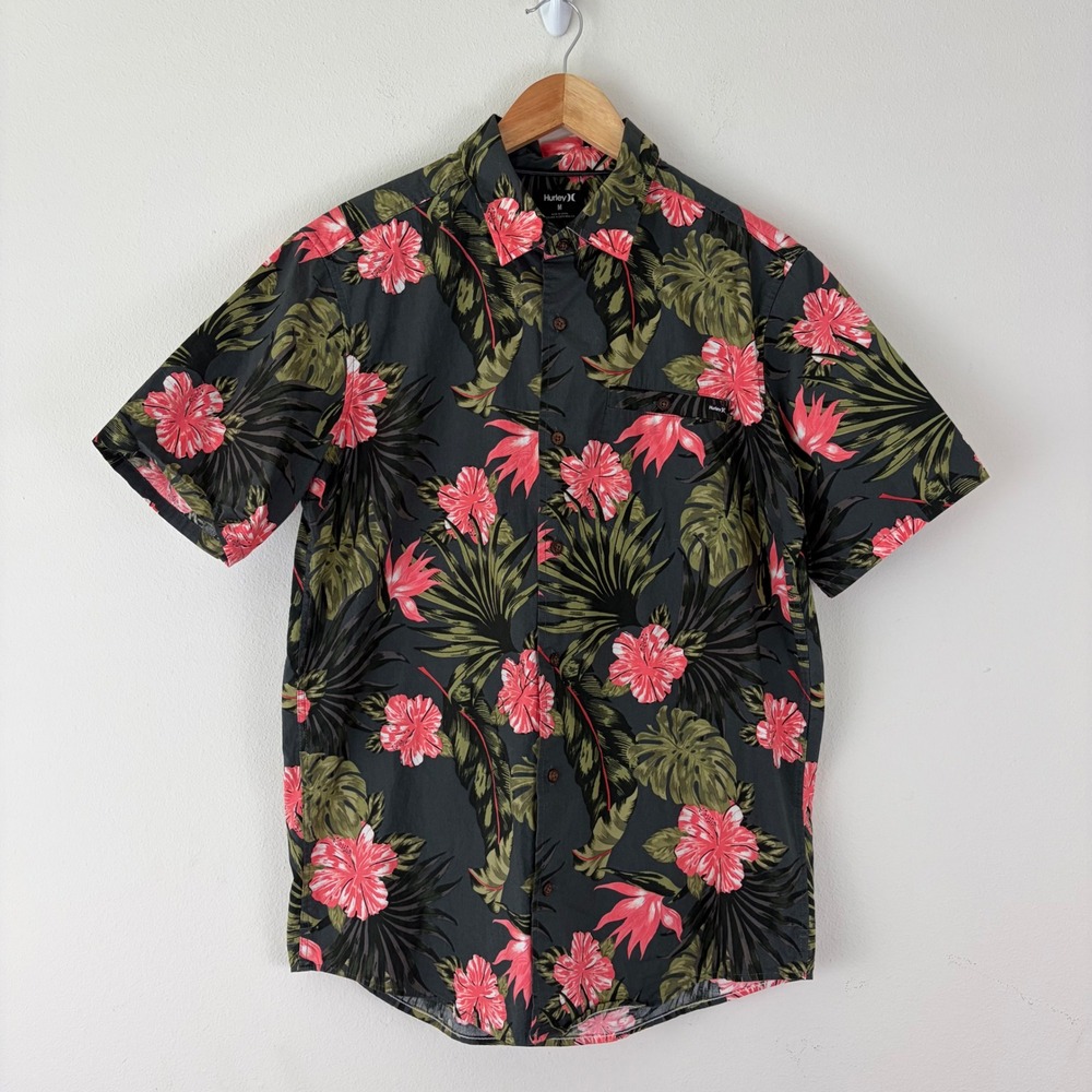 Hurley Mens Tropical M Floral Hibiscus Short Sleeve Button Down Shirt Gray